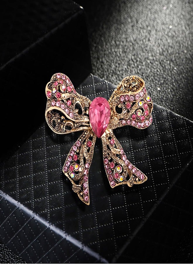 MarveBard Rhinestone Bow Brooch Pin Elegant Crystal Bowknet Brooch Lapel Pin Yellow Blue Pink Rhinestone Crystal Bow Brooch Wedding Birthday Party Christmas Jewelry for Women (Pink) - Image 3